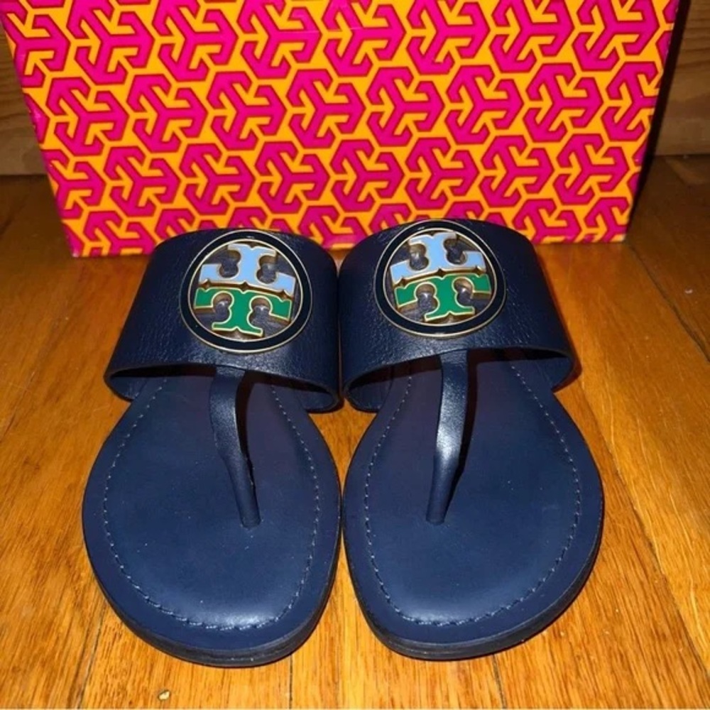 Tory Burch Benton Band Thong Sandals Slides with Green and Blue Logo - Picture 5 of 8